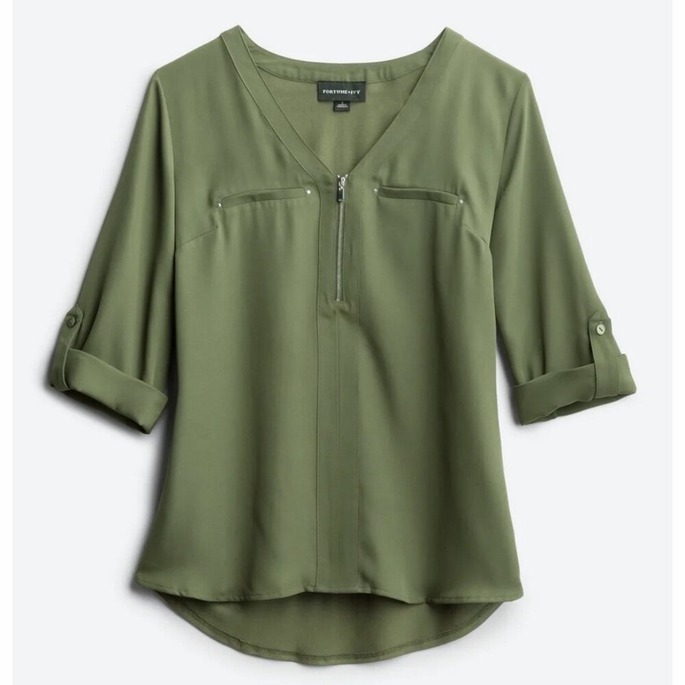 FORTUNE + IVY Rebekah Zipper Detail Mixed Material Blouse